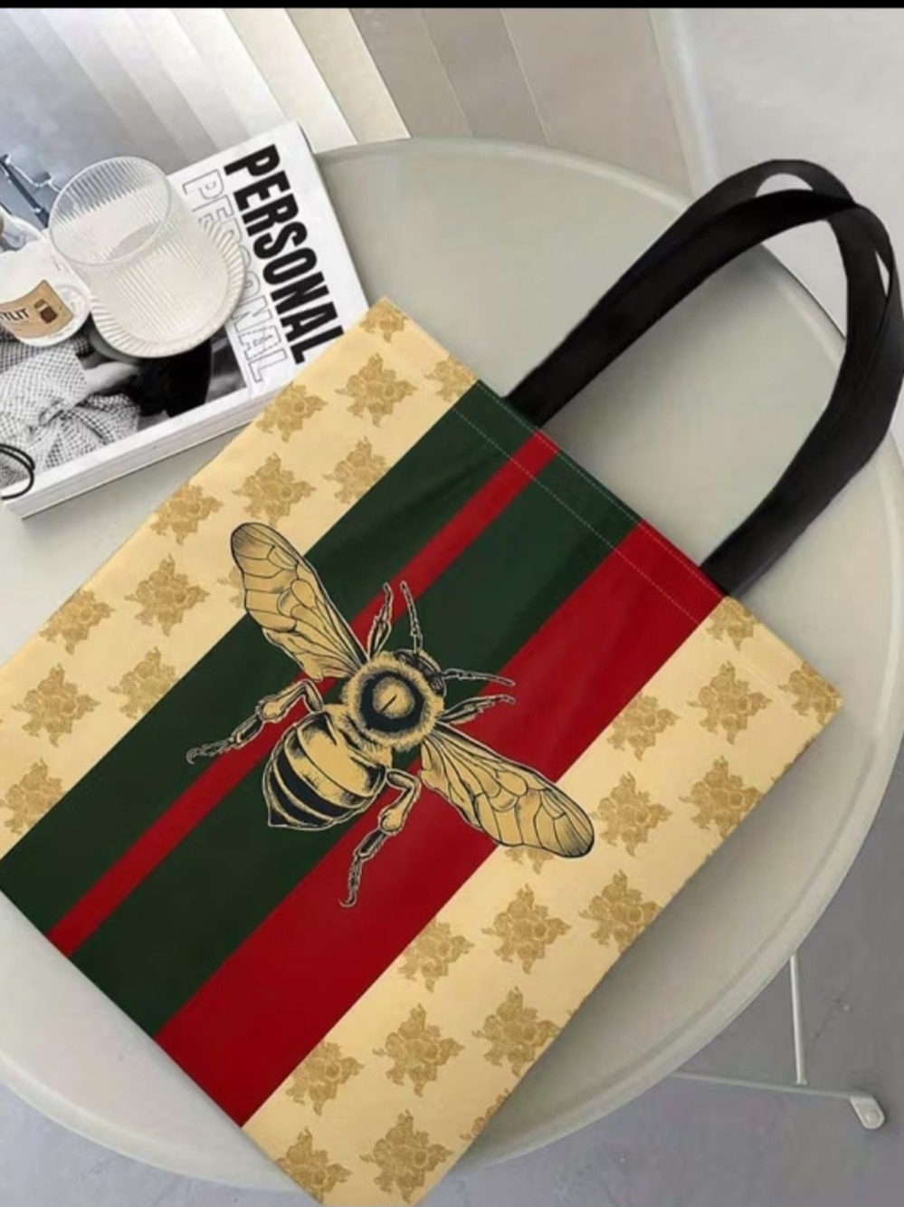 Bee Stripe Tote Bag in Red, Green & Beige